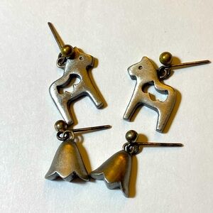 2 Pairs Sweden Dała Horse & Tulips Pewter Post Pierced Earrings
